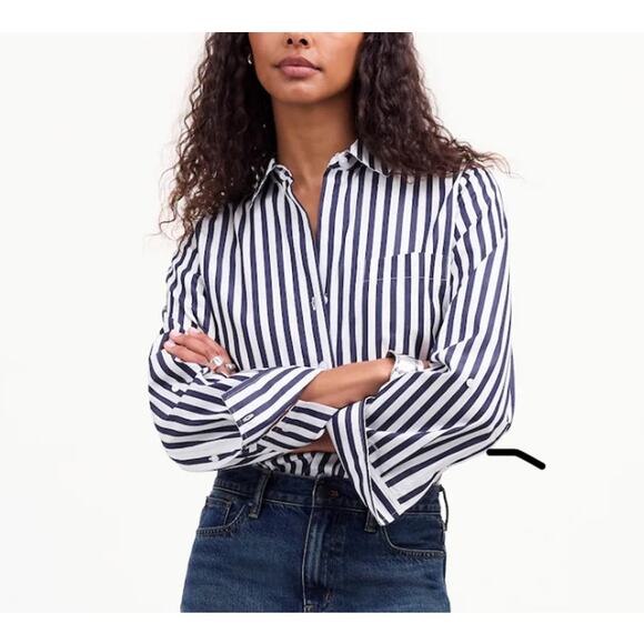 Madewell Women's Y-Neck Button Up Navy Striped Shirt Blouse L Large New - Picture 2 of 12
